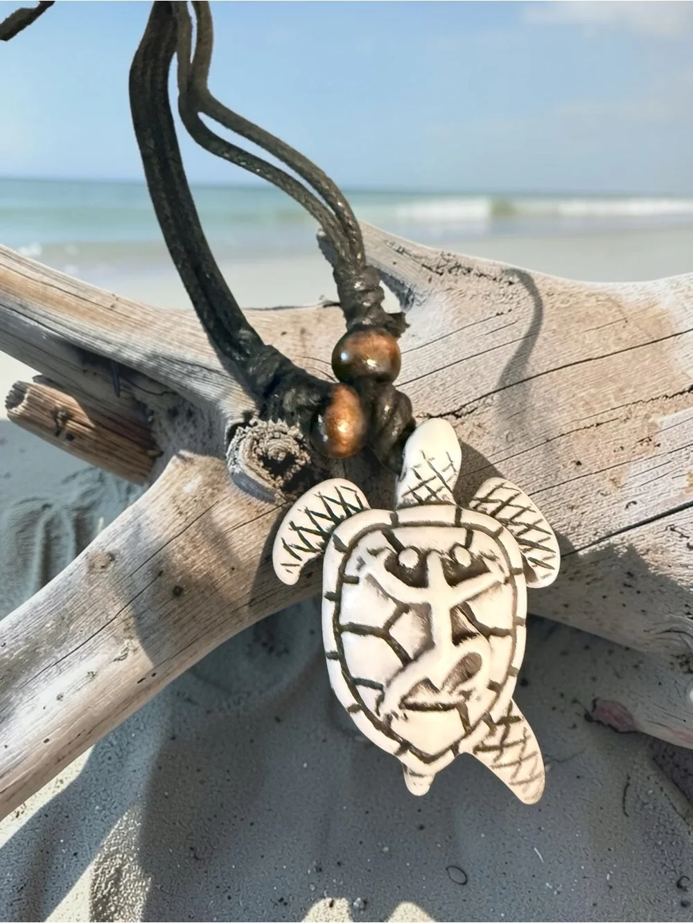 Handmade Turtle Pendant Necklace in Black Cord - Beach Boho Jewelry